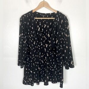 Cocomo Faux Wrap Top Size 1X  Black 3/4 Sleeves Polka Dot Babydoll Soft Knit